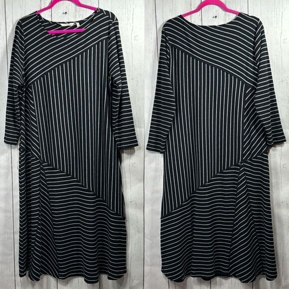 Soft Surroundings Black White Striped Asymmetrical Swing Maxi Dress XL Comfy - Picture 2 of 16
